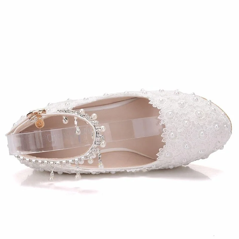 White Wedges Wedding Pumps Sweet White Flower Lace Pearl Crystal Platform Pump Classic Bride Dress High Heeled Ladies Shoes