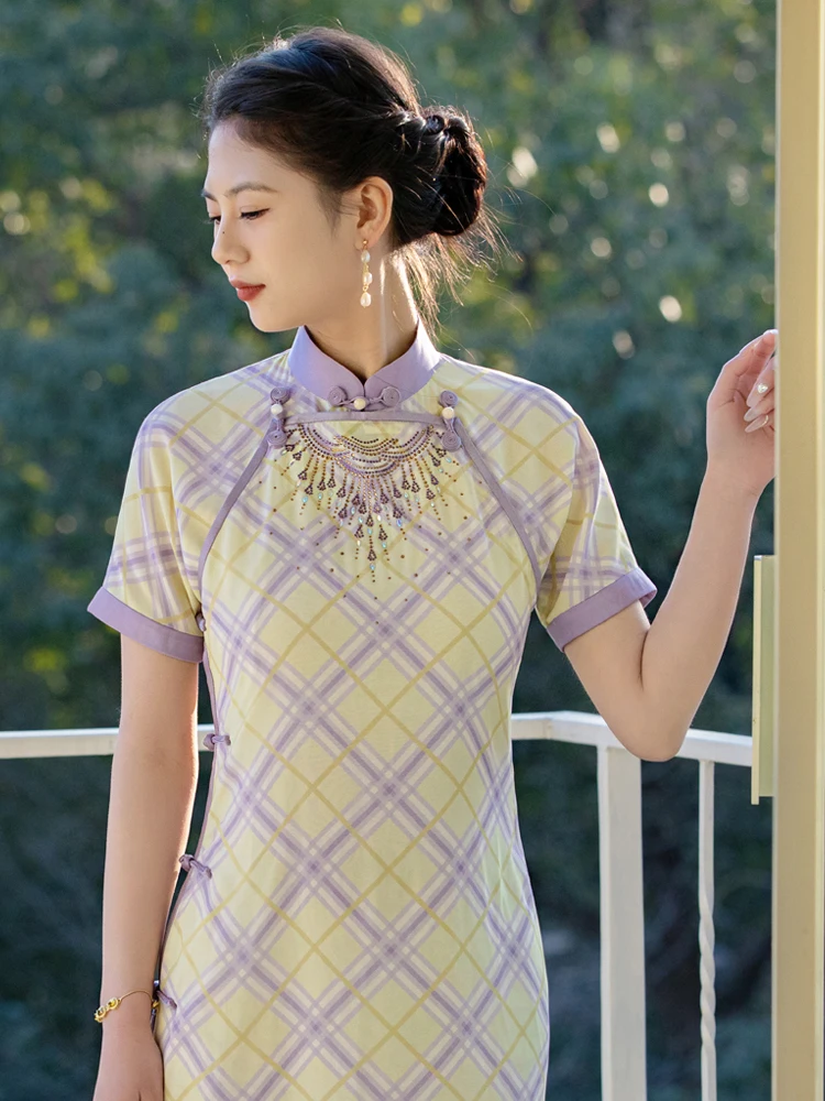 

Young Girl's Classic Plaid Double-Collar Qipao Vintage Sle Chinese Faion Women's Long Dr Breathable Lightweight Polyester