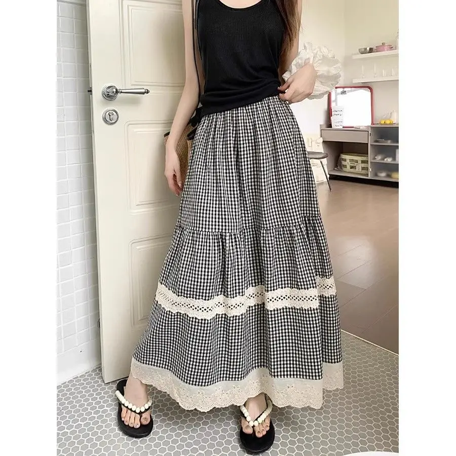 Wedbleser Woman Retro Lace High Waisted New Lace Checkered Patchwork Cake Summer Long Skirt Commuting Shade Popular Skirts