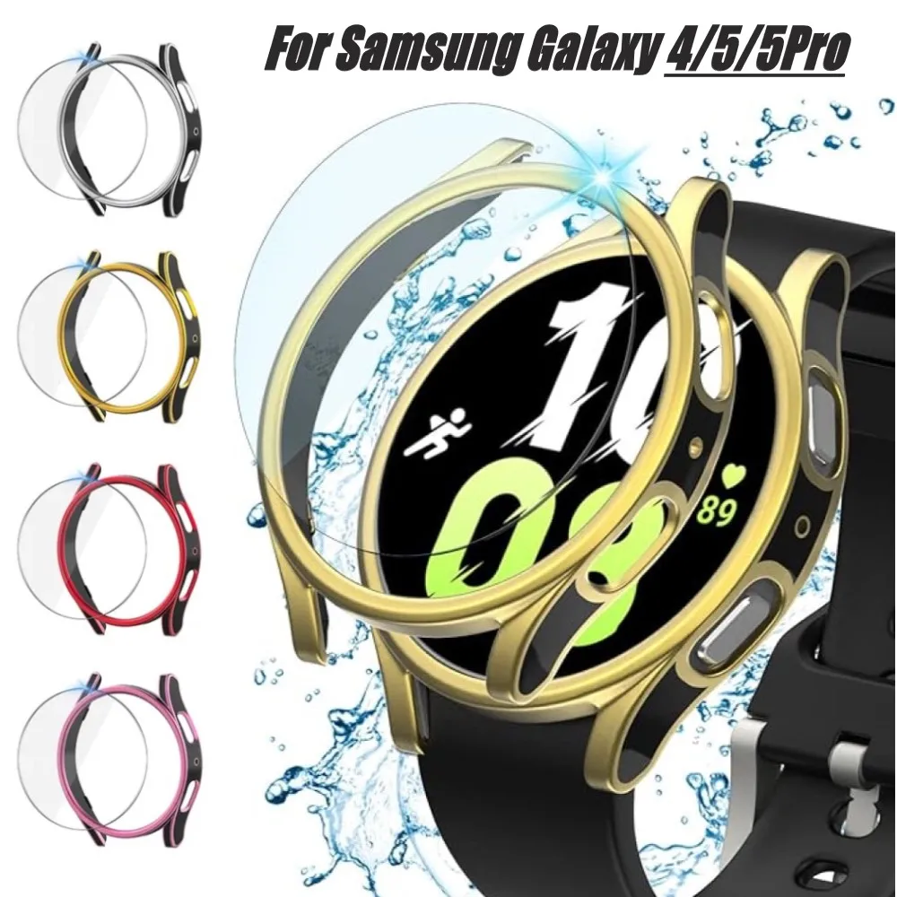 Tempered Glass+Case for Samsung Galaxy Watch 4/5/5pro 40mm 44mm 45mm PC Hard Hollow Frame Protective Bumper+Anti-Scratch Film