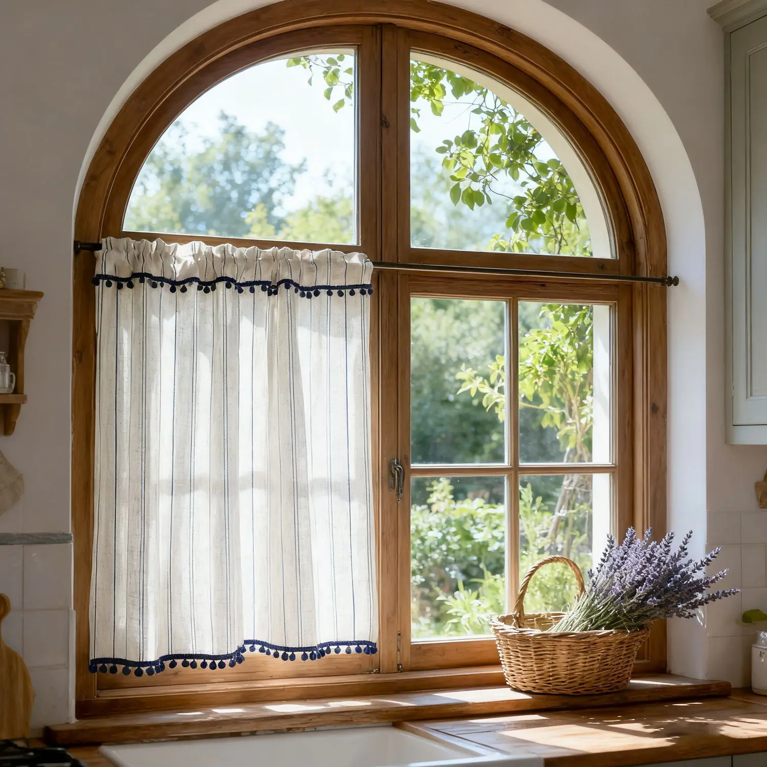 1 Panel Faux Linen Vertical Striped Short Curtain with Pom-pom, for Kitchen Small Windows Half Curtain, American Cafe Curtain