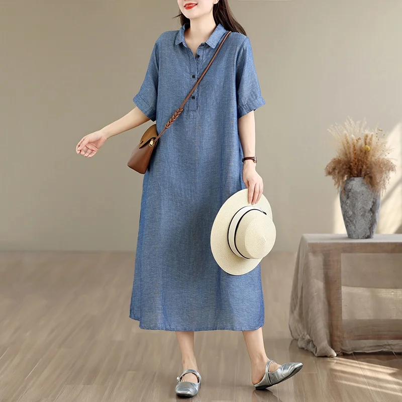 Summer New Style Versatile Mid-Length Dress Short Sleeve Collar Pure Color Knee-Length Thin Skin-Friendly Women's Dress