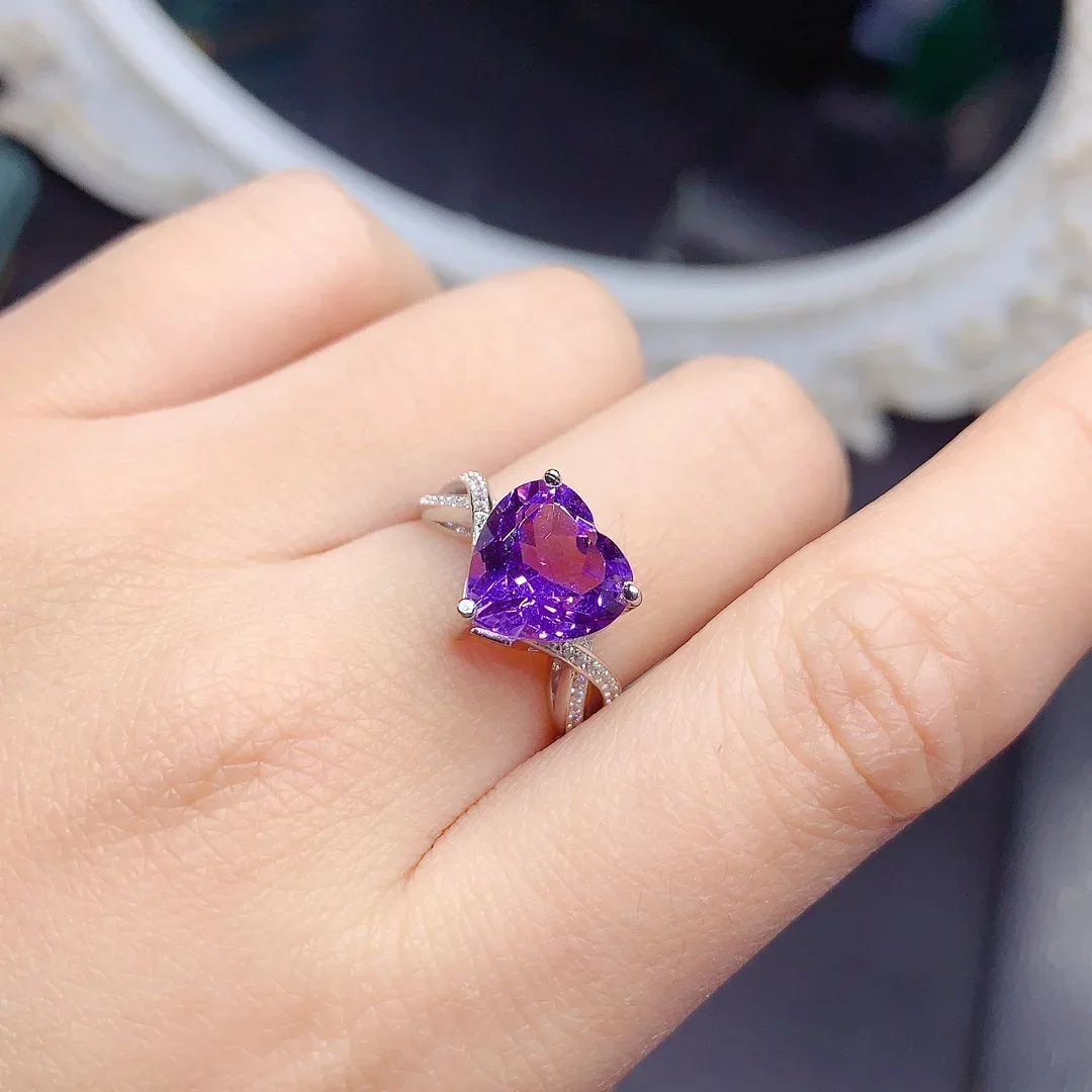 S925 Sterling Silver Natural new Heart ring set with amethyst ring Noble purple Seiko set high quality jewelry wedding