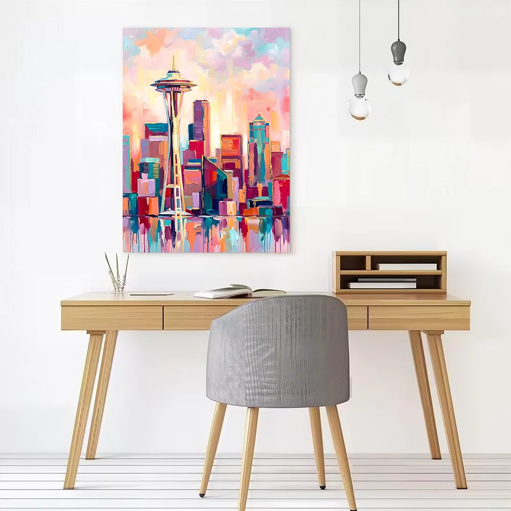 Vibrant Seattle Skyline Painting Canvas Wall Art Poster Personalized Photo Printing Perfect Gift for Decorative Paintings Frames