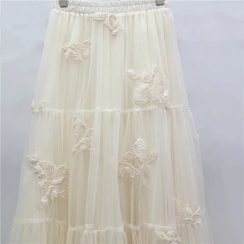 HKSH 봄 가을 신상 여성 스커트 자수 메쉬 플리츠 엘라스틱 웨이스트 프렌치 젠틀 엘레강트 A라인 스위트 인스 스커트 HK17229