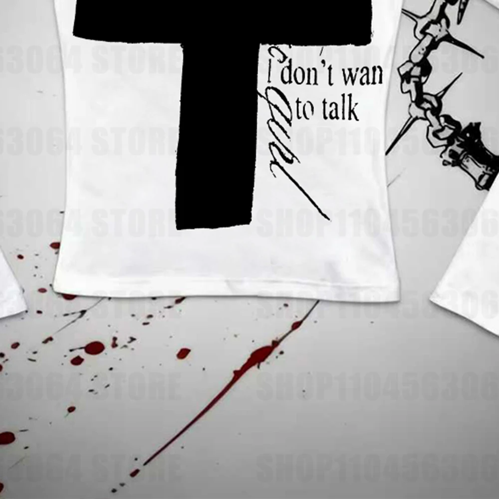 하라주쿠 미학 고딕 크로스 프린트 펑크 소녀용 긴팔 티셔츠 섹시하고 독특한 프린트 캐주얼 탑 Y2K 여성 스트리트