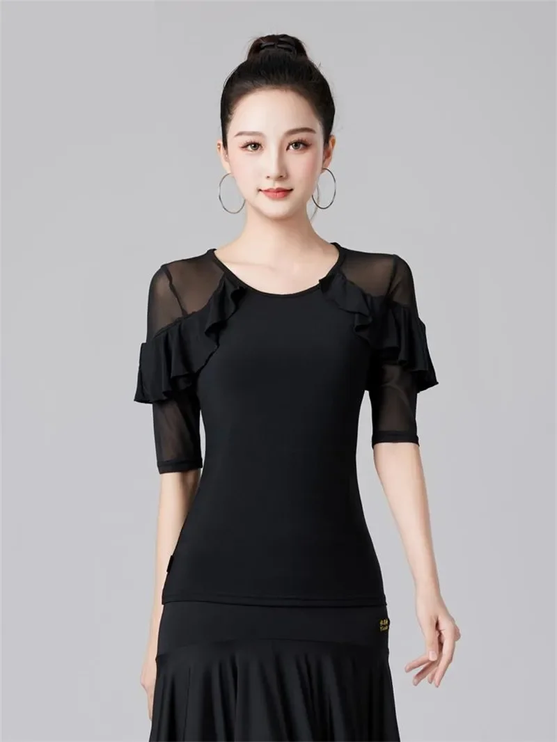 Latin Girls Rhinestones Korean Style Summer Mesh Patchwork Ballroom Standard Dance Skirts Clothing Women Classical Ruffle Tops