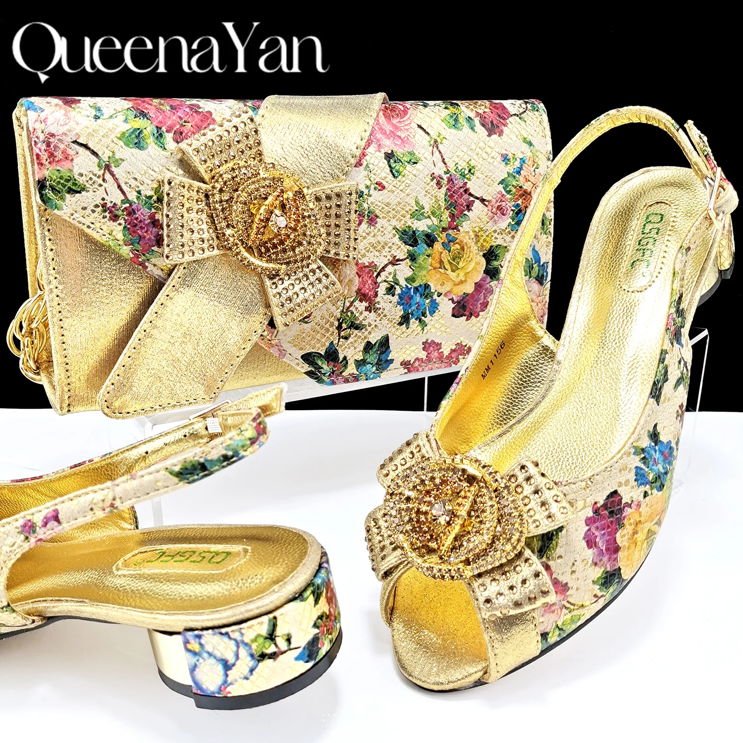 Fashion Elegant Open Toe Women's Shoes and Bags Set Printed Fabric Bright Diamond Buckle Decoration