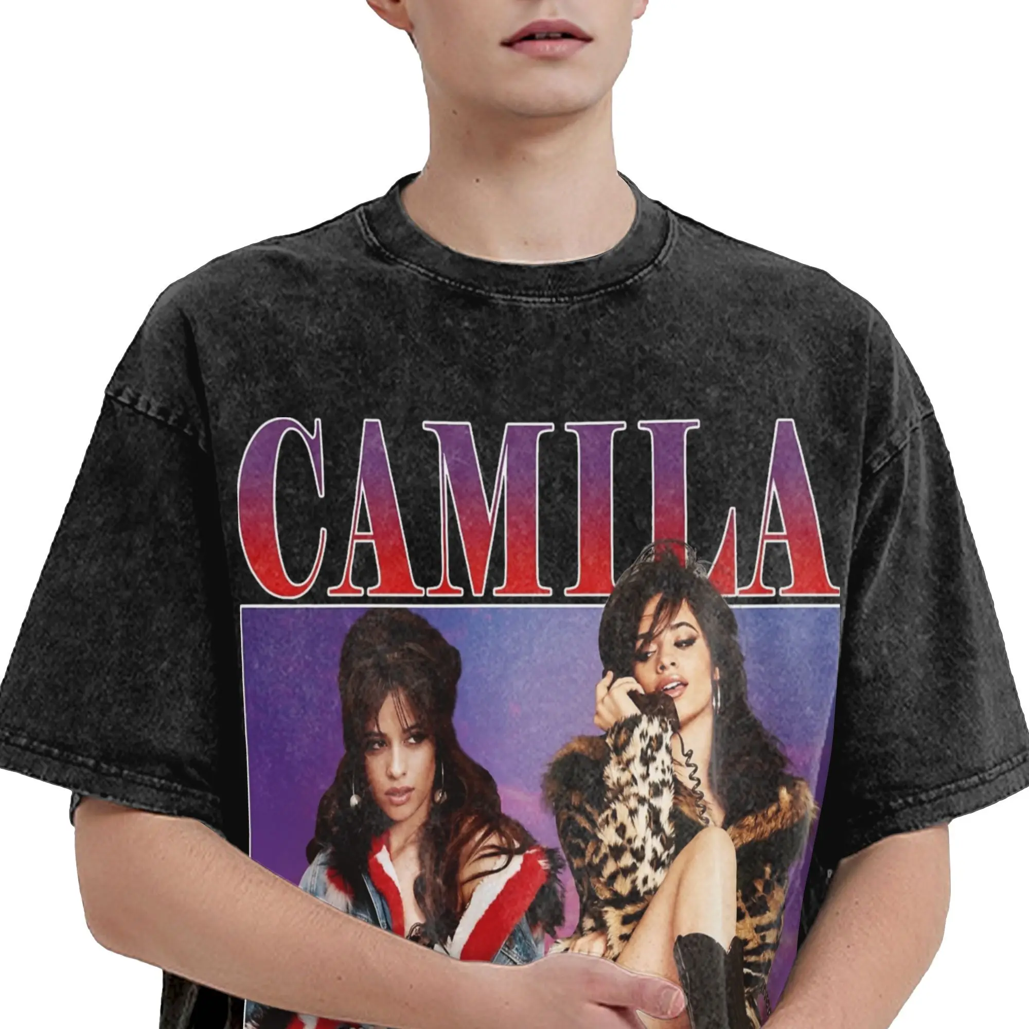 Washed T Shirt Camila Cabello Hip Hop Vintage T-Shirts Harajuku  Streetwear 100% Cotton Summer Tops Tee Shirt for Men Women