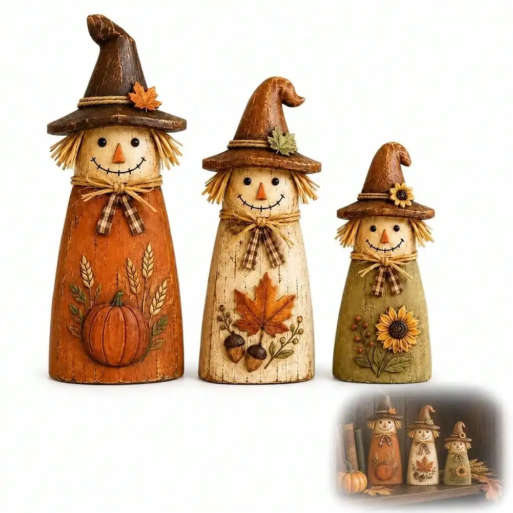 Vintage Wooden Scarecrow Fall Decor Set, Fall Decorations For Home | Vintage Wood Rustic Primitive Harvest, Figurine With Pumpkin & Flower, Outdoor Table Gift, Retro Statue(Three-Piece Set)