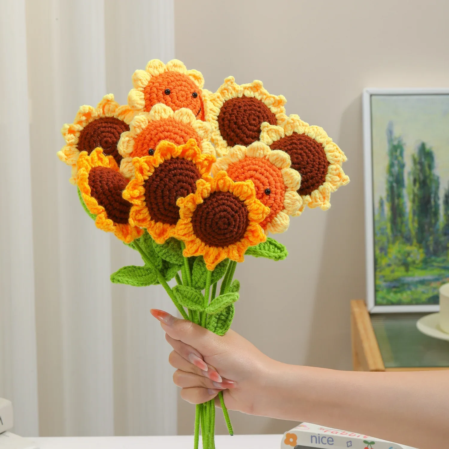 

Hand-Knitted Sunflower Crochet Flowers Artificial Carnation Handmade Single Bouquet Mother's Day Teacher's Day Gift Fake Floral