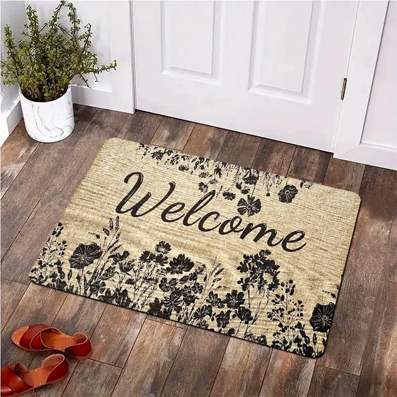 Rustic Black Floral Style Base Wildflower Silhouette Border Welcome Cursive Print Non Slip Farmhouse Entry Doormat