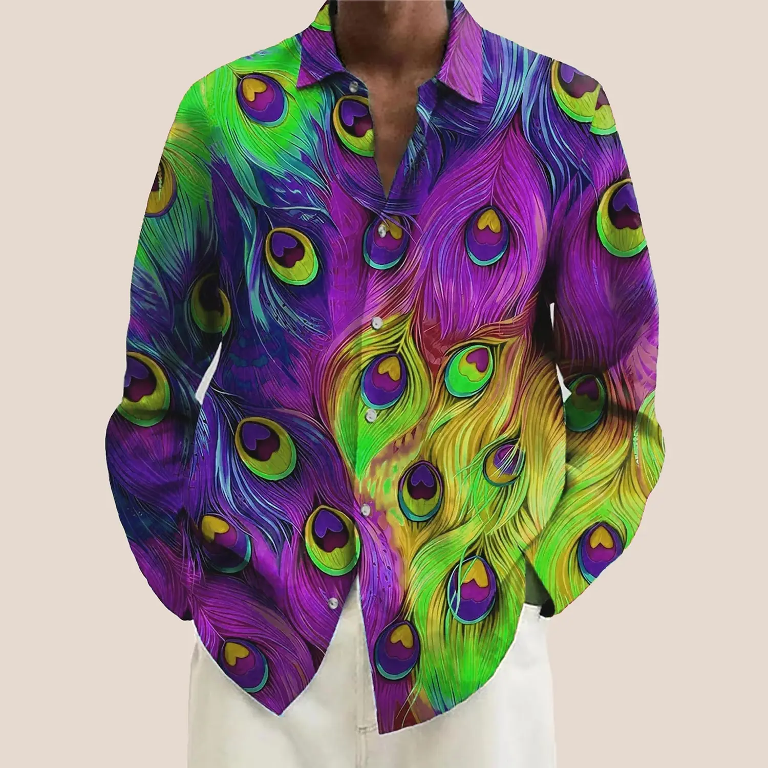 Men's long sleeved shirt Gradient peacock tail pattern 3D printed top for spring autumn new fashion casual men's unisex clothing