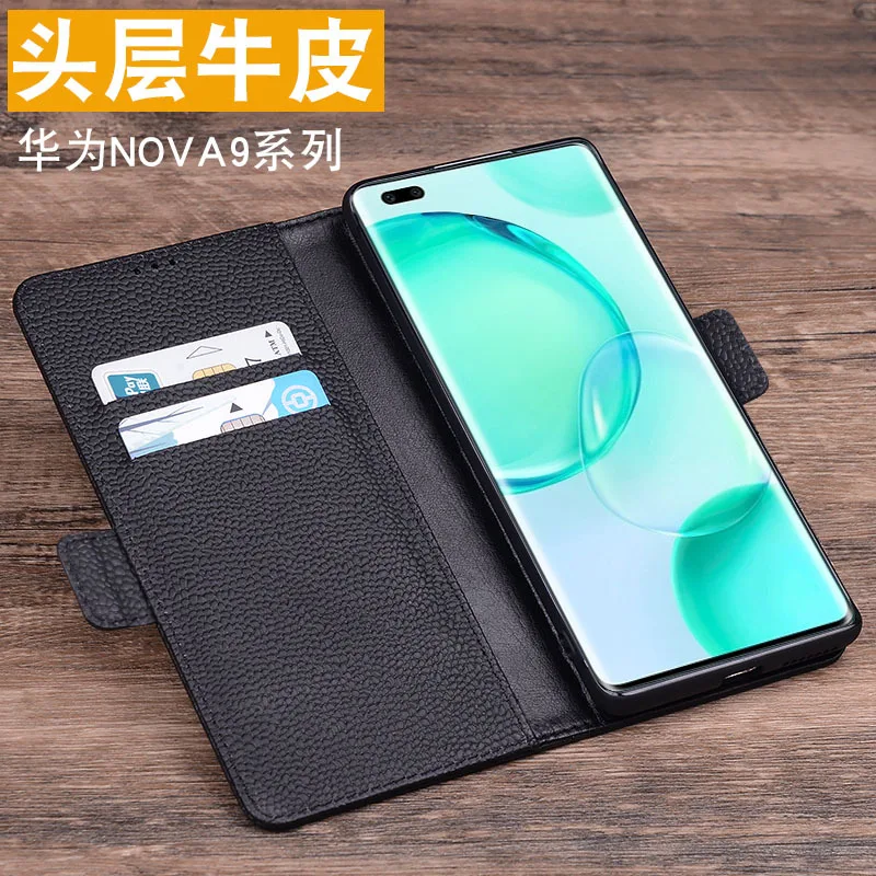 Hot New Luxury Lich Genuine Leather Flip Phone Case For Huwei Nova 9 Nova9 Pro Real Cowhide Leather Shell Full Cover Pocket Bag