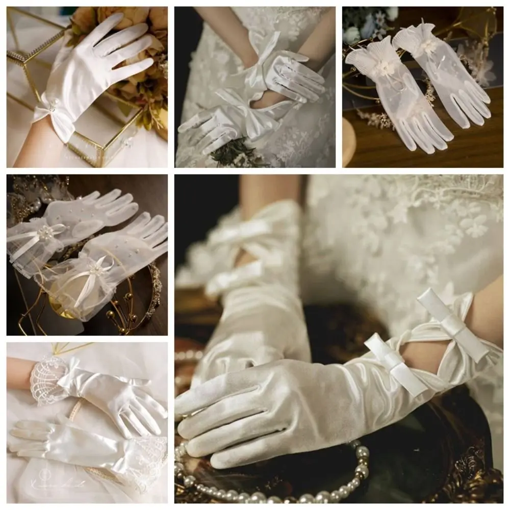 1 Pair Marie Cat Cos White Satin Gloves Wedding Short Glove Mesh Bow Knot Gloves Thin Elegant Lace Gloves Women Ladies/Girls