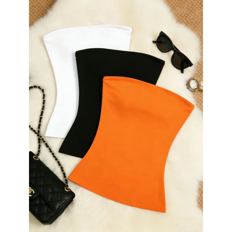 Damen-Set aus dreiteiligem, einfarbigem, trägerlosem Tube-Top, schmal geschnittener, ärmelloser kurzen Weste und lässigem Sommer-Basic-Camisole.
