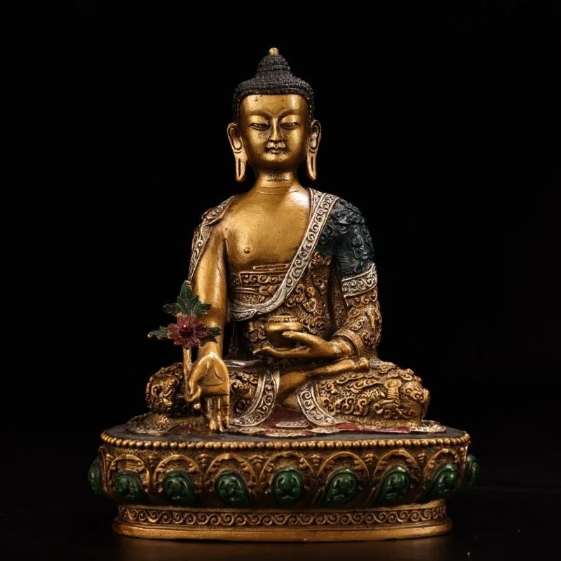 22cm Tibetan Buddhism Gilt Painted Medicine Buddha Statue Healing Buddha Altar Worship Feng Shui Home Decor