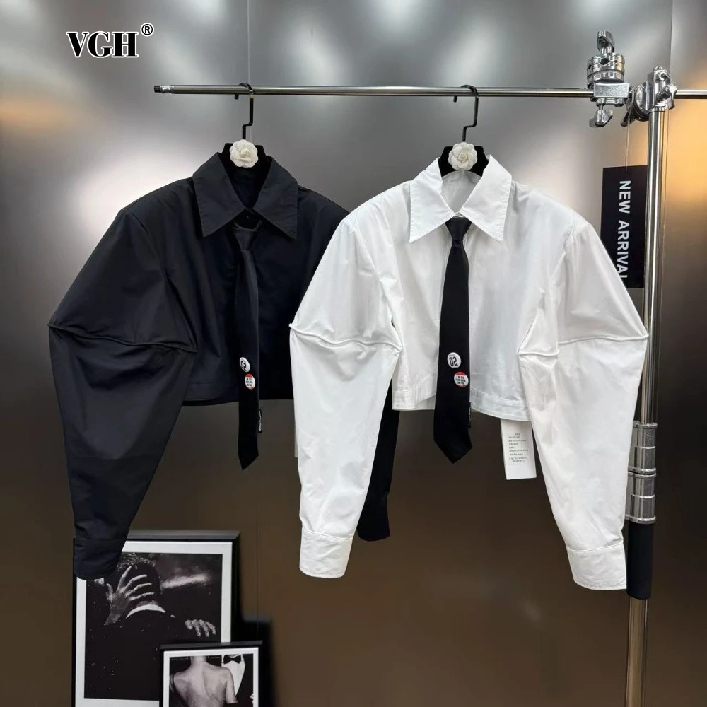 

VGH Solid Color Preppy Style Shirts for Women Lapel Loose Lantern Sleeve Patchwork Tie Design Fashionable Basics Shirts Female