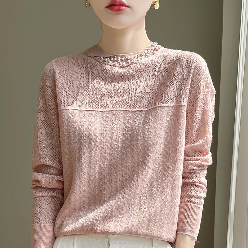 2024100% pure wool sweater women\'s spring and summer new hollow beaded long-sleeved blouse fashion bottoming shirt