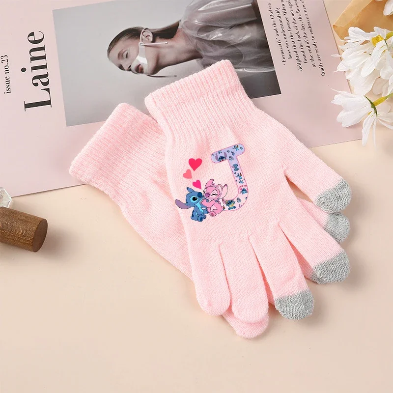 Stitch Disney Girl Gloves Pink Letter A-Z Print Finger Gloves Winter Warm Gloves Children Outdoor Cycling Accessories Xmas Gifts