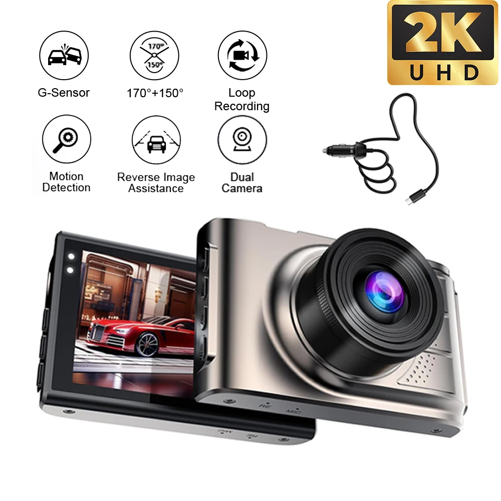 KQQ 2K Dash Cam Car DVR with Rear Cam 64g SD Card G-Sensor Support 24H Parking Monitor Night Vision