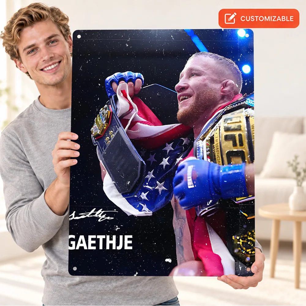 Justin Gaethje Championship Belts Printed Poster Personalized Aluminum Metal Sign Gold Plates Black Straps Wall Art For Home Gym