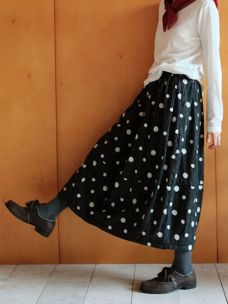 Polka Dots Vintage Midi Skirt Women Autumn Winter High Waist Loose Black Bud Skirts Y2K Streetwear A Line Casual Retro Skirt New