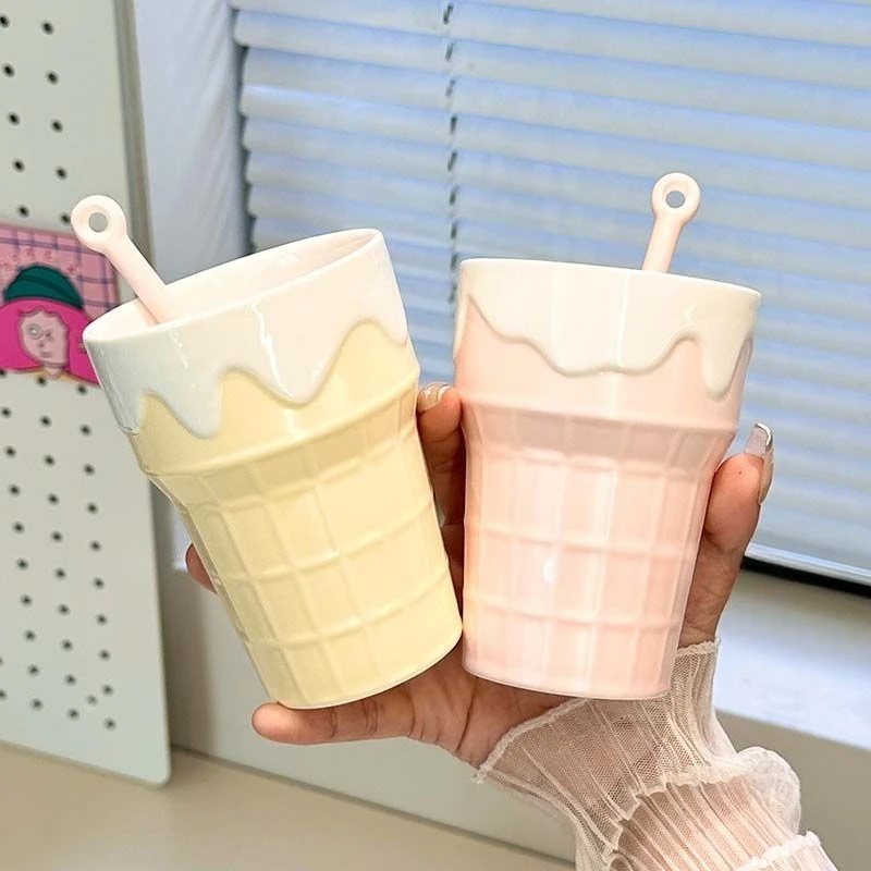 

Cute ice cream milk ceramic cup with lid spoon with straw couple mug home office water cup