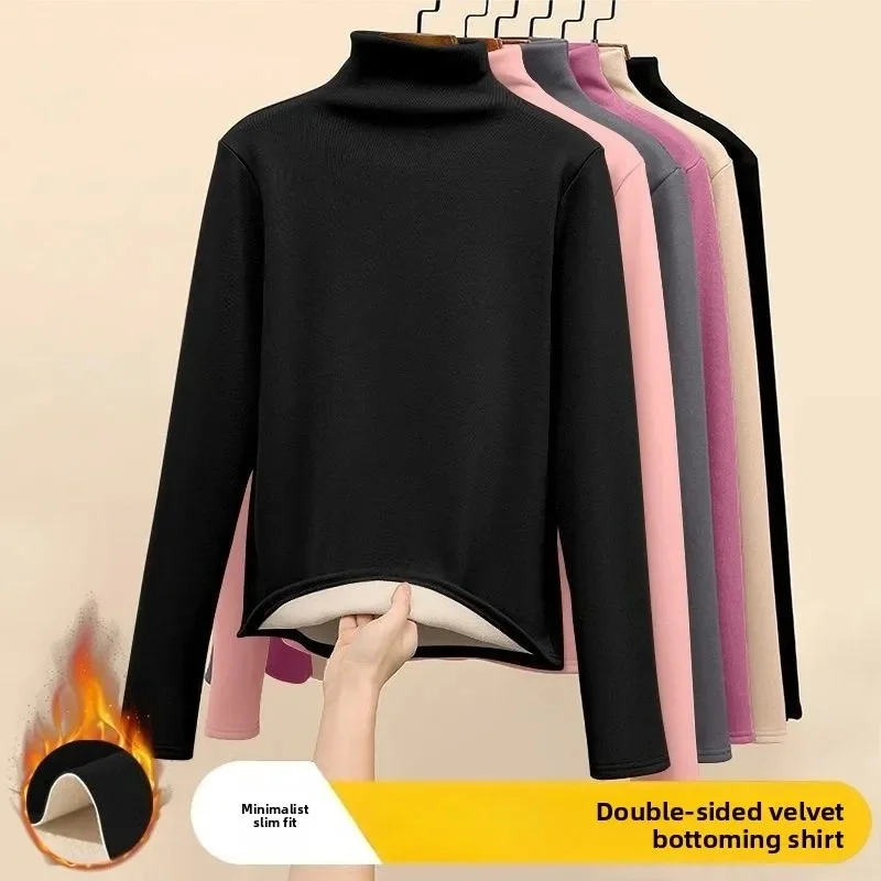 Women Thermal Underwear Winter Thickened and Flannel Bottom Shirt Solid Long Sleeve Basic T-Shirt Heating Fiber Pullovers
