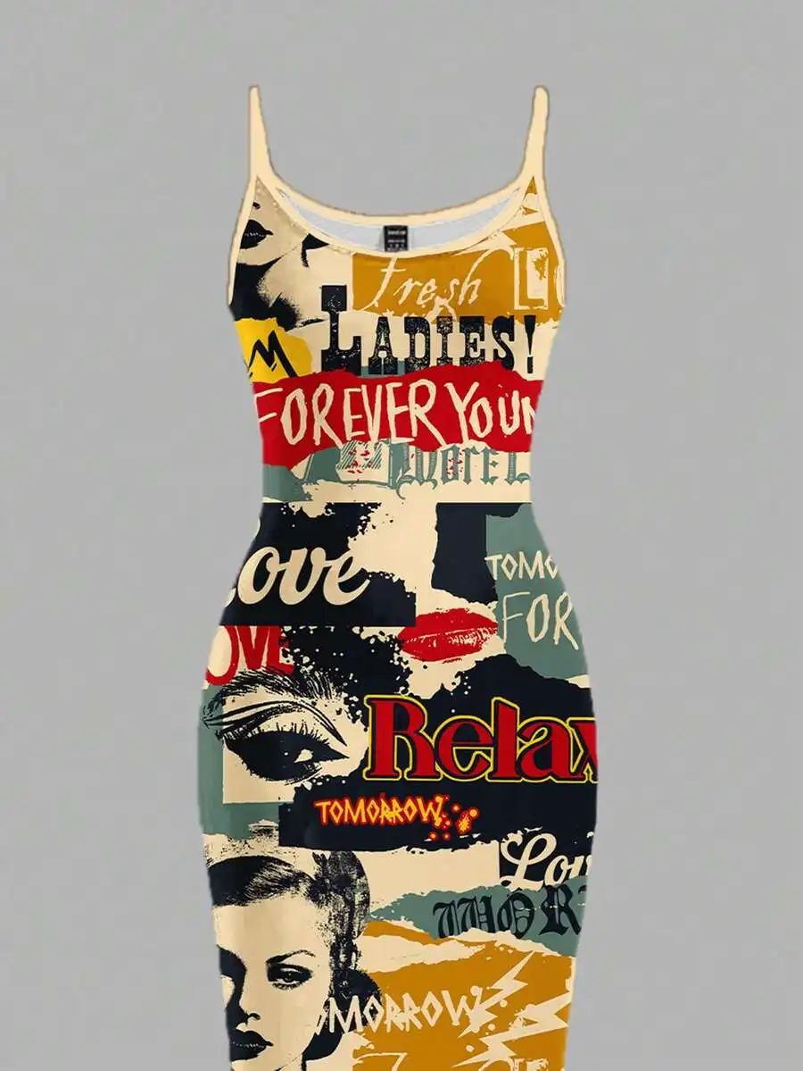 

Vintage Poster Print Sleeveless Casual Dress For Music Festival