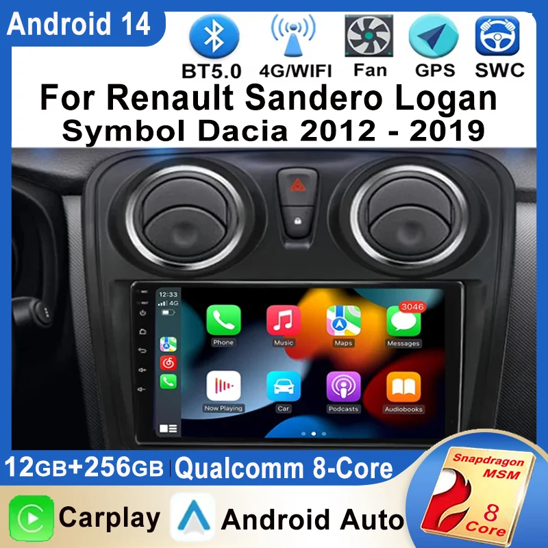 Android 14 Car Radio For Renault Sandero Logan Symbol Dacia 2012 - 2019 Multimedia Video Player Carplay GPS Android Auto Stereo