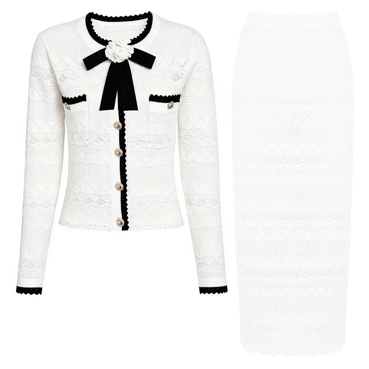 Women Knitted Two Piece Set Bow Color Block Cardigan Skirt Suit Summer Autumn Casual Outfits