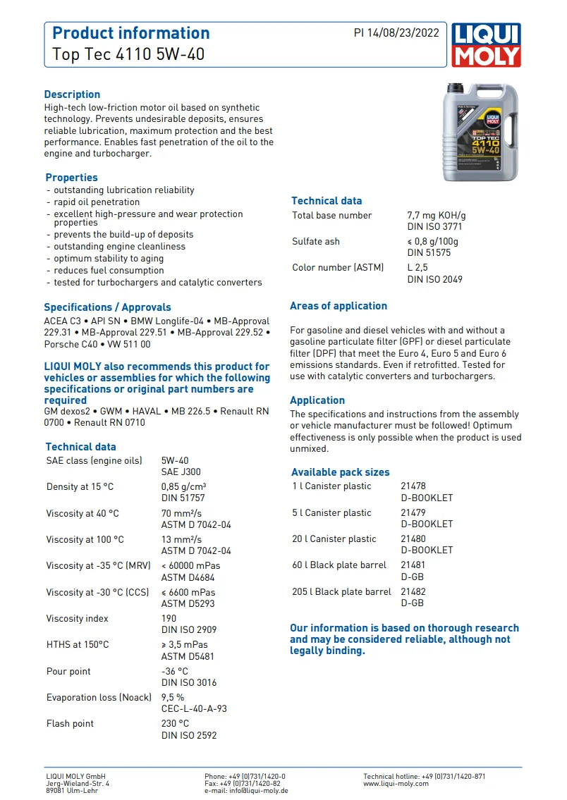 LIQUI MOLY Top Tec 4110 5W-40 1L Excelente limpieza del motor
