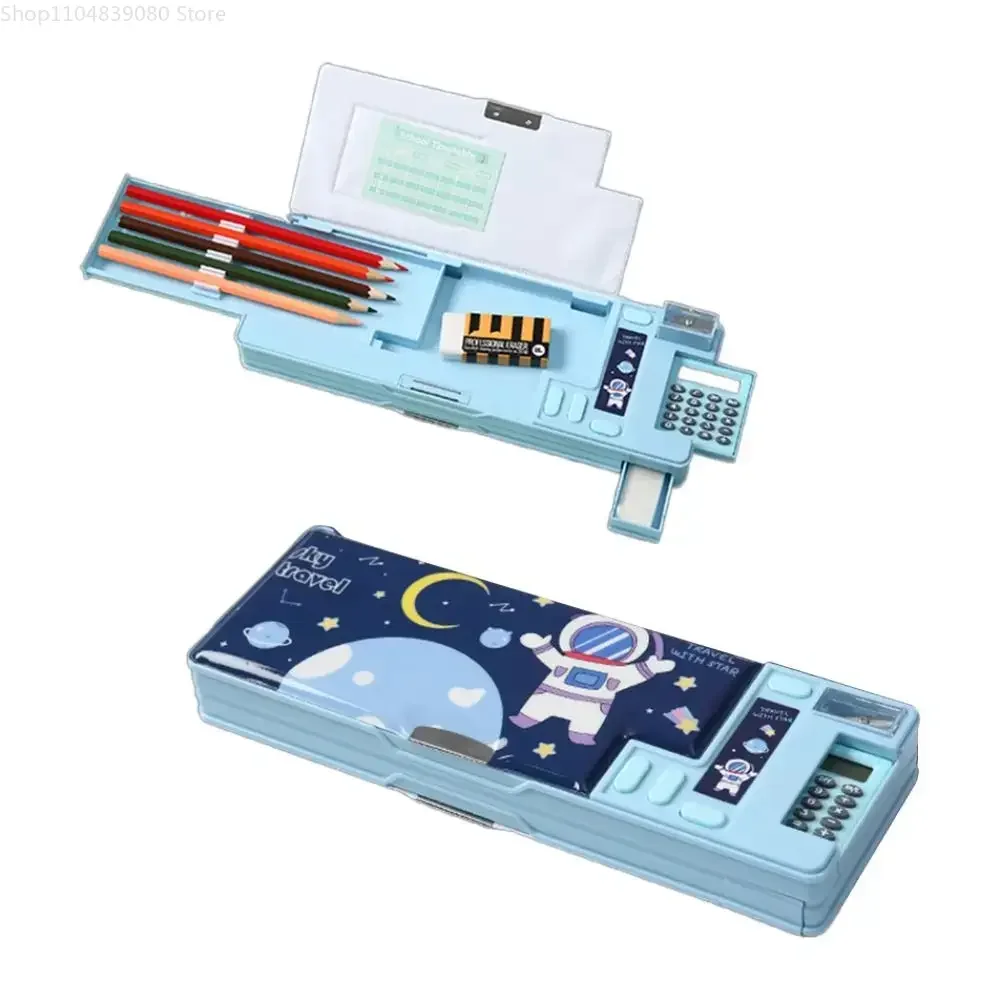 Double Layer Pencil Case Astronaut/Animal Design Pencil Sharpener Pencil Box Plastic With Calculator Stationery Organizer