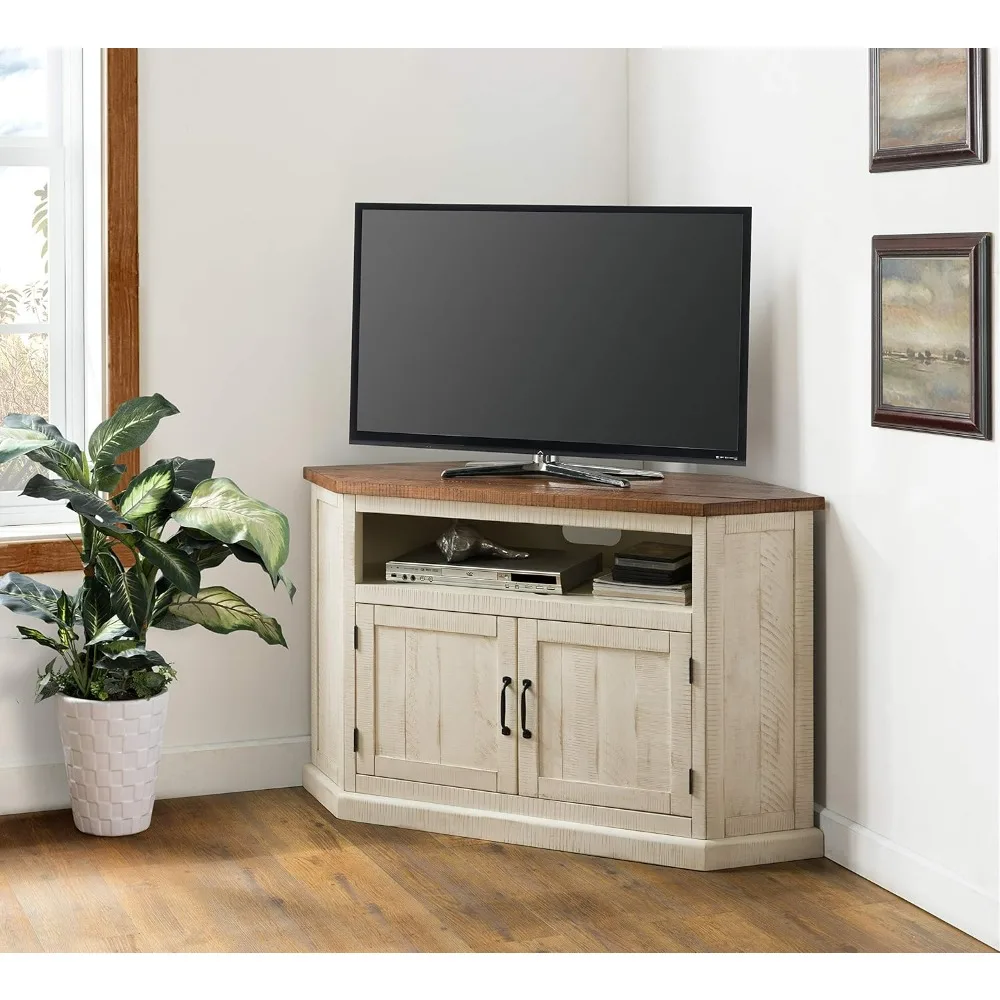 Rustic Solid Wood TV Stand - Antique White and Honey Tobacco Finish - Hexagonal Shape and Farmhouse Design Entertainment