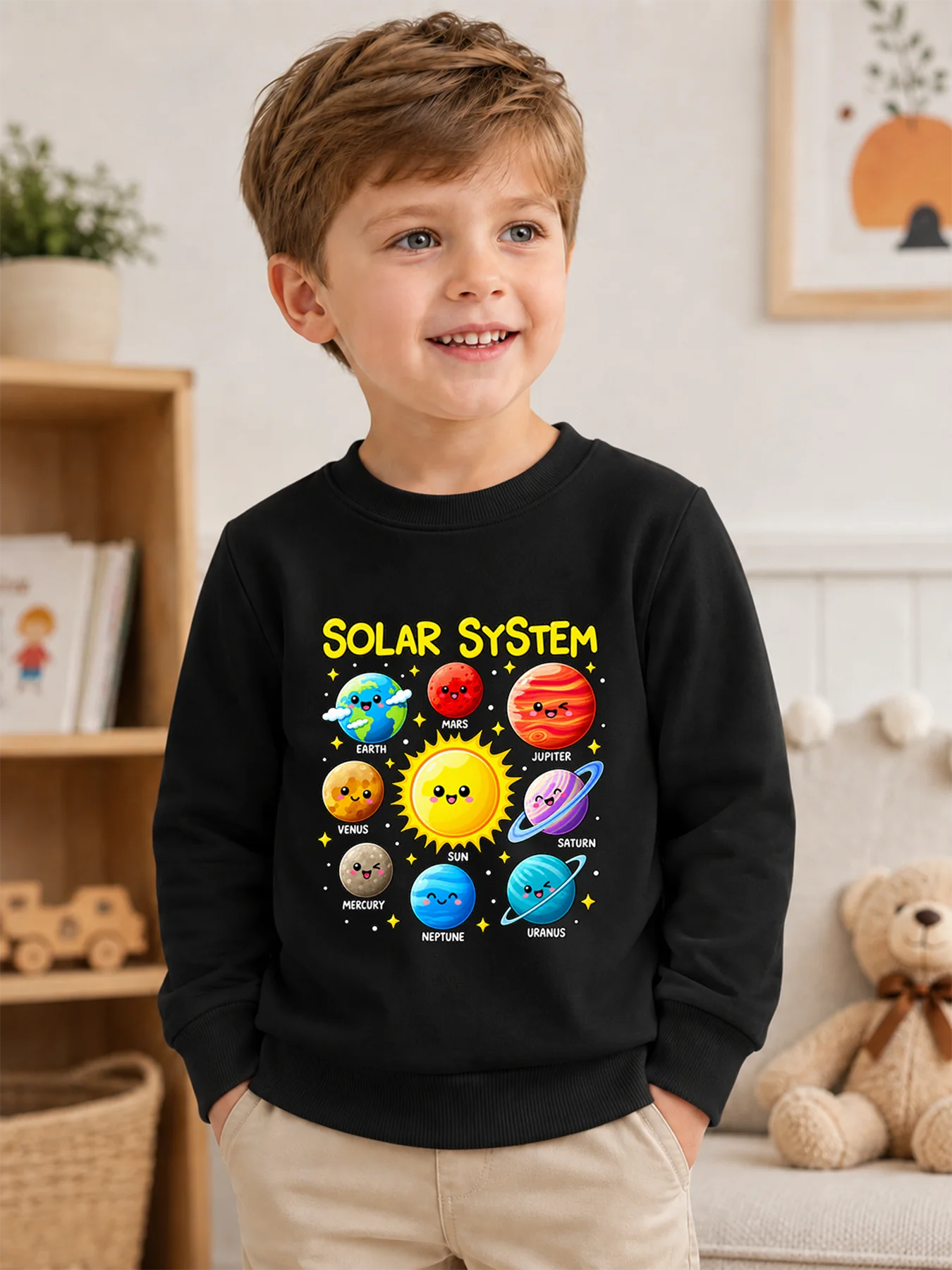 Boys Cute Solar System Planet Print Sweatshirt Kids 100% Cotton Crew Neck Pullover Autumn Long Sleeve Tops Cartoon Space Tops