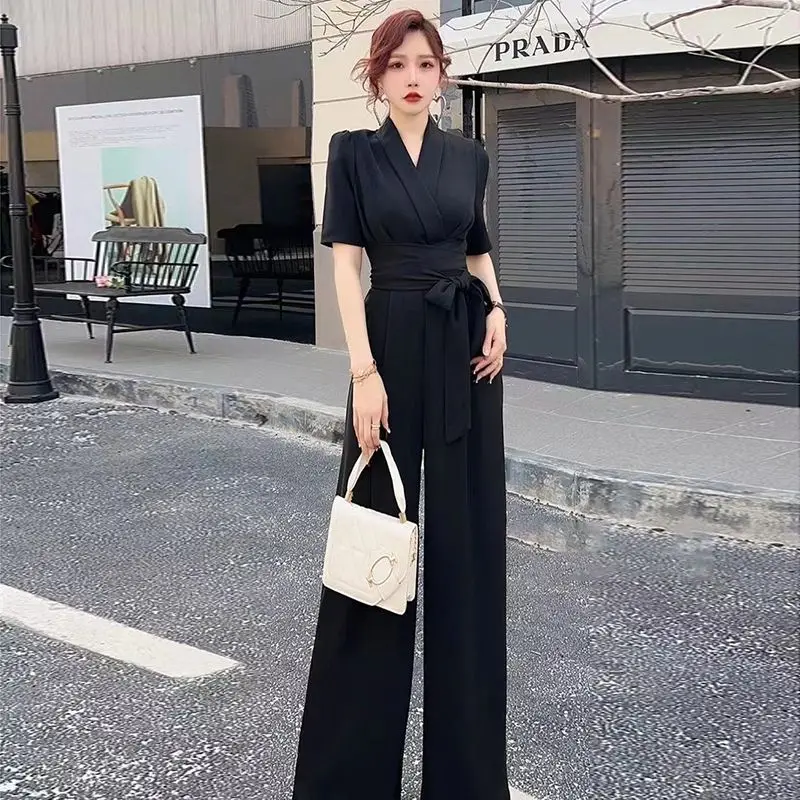 Women\'s Chiffon Jumpsuit 2024 New Summer Elegant Fashion One Piece Clothes White Thin Romper Wide Leg Pants Body Suits For Women