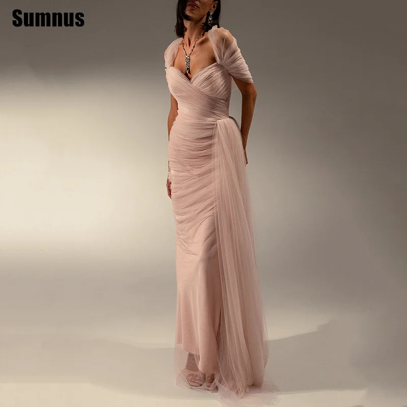 

Sumnus Modern Mermaid Prom Dress Light Pink Tulle Sweetheart Pleats Ankle Length Evening Dresses vestidos Customized