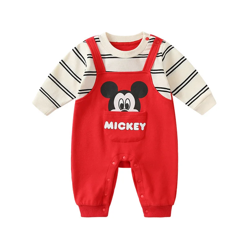 0-2 Years Old Disney Mickey Cartoon Cute Pattern Clothes Baby Spring Fall Cotton Comfortable Soft Onesie Baby Outing Clothes