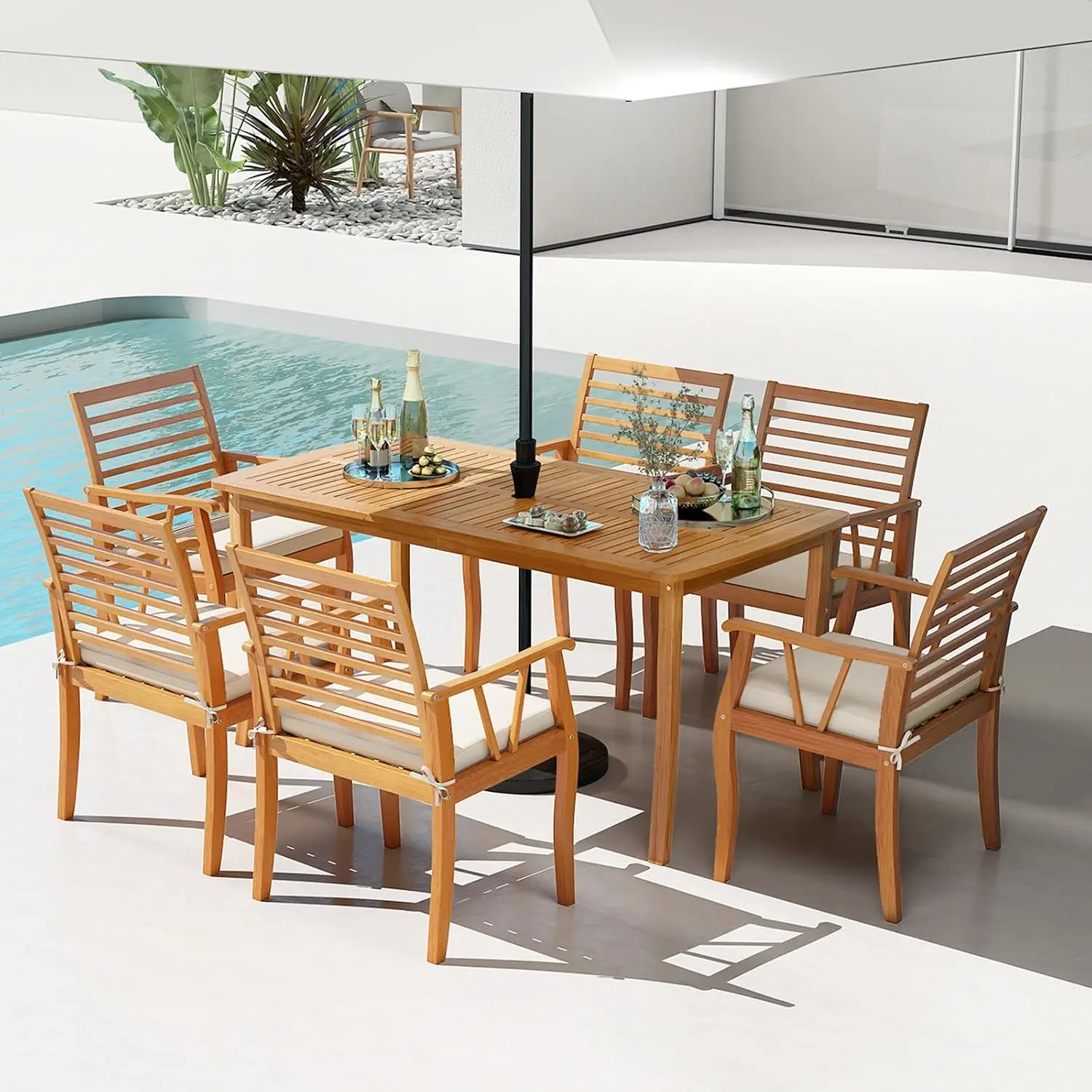 63-Inch Acacia Wood Outdoor Dining Table, 4-6 People Rectangle Patio Table with Umbrella Hole & Slatted Tabletop,, Customized