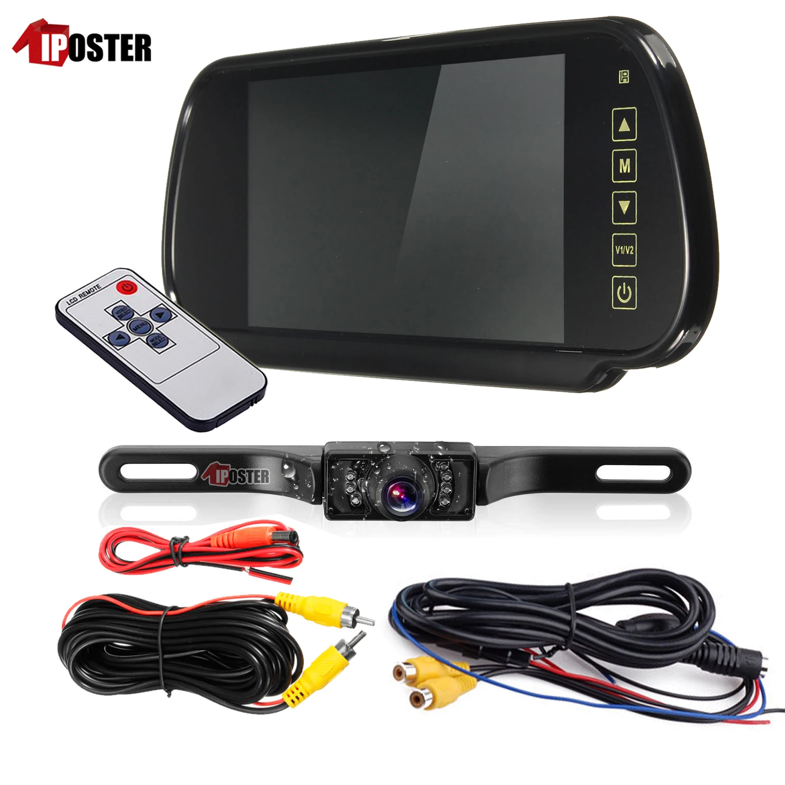 

IPoster 7" Car Reversing Mirror Monitor + 7 Infrared LED Car License Plate Mount Backup Camera