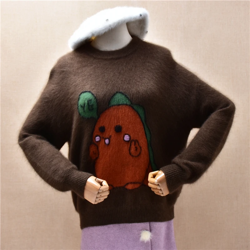 Donna Donna Autunno Inverno Moda Visone peloso a righe Cashmere lavorato a maglia O-Collo Maniche lunghe Camicette sottili Pullover Maglione angora