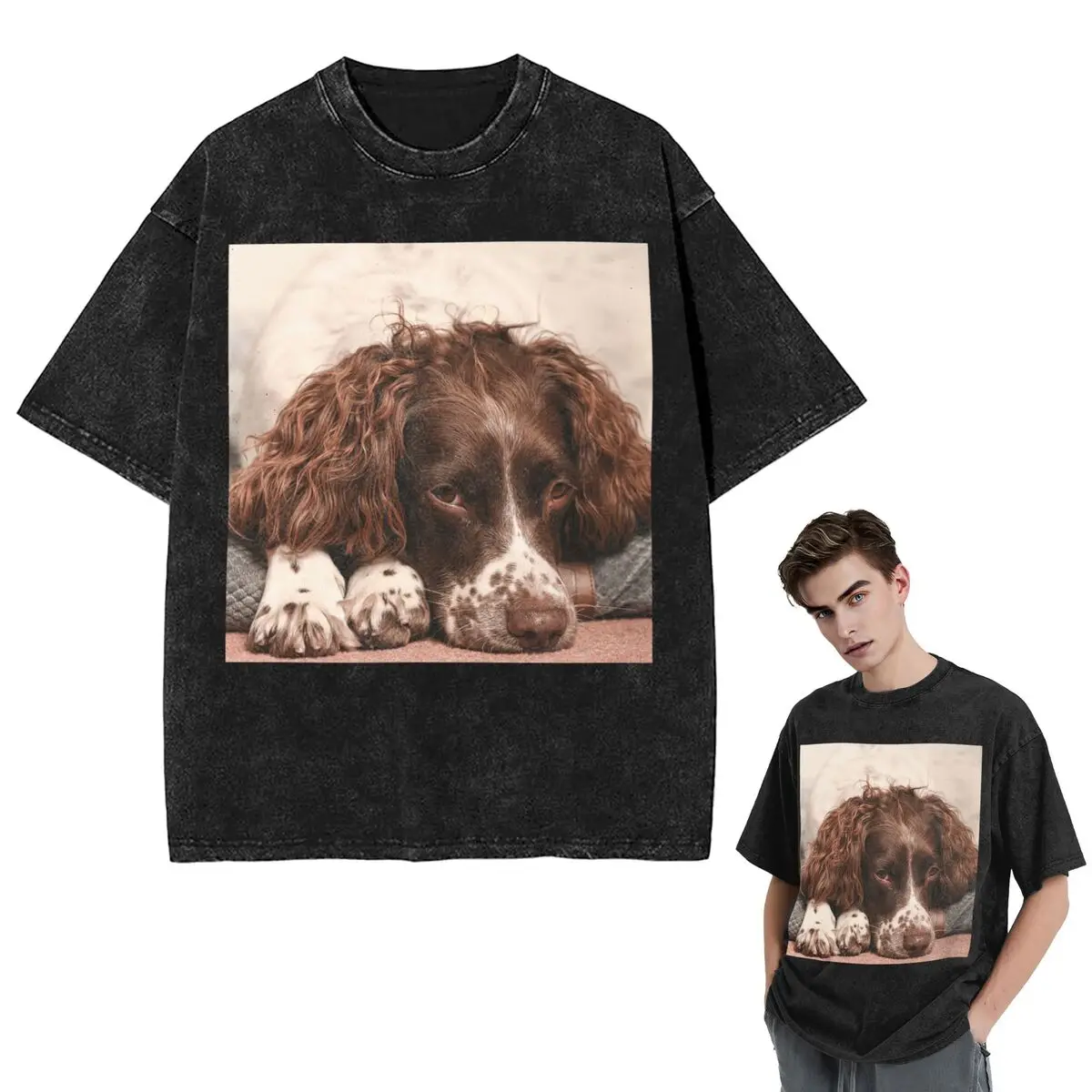 Streetwear T-Shirts English Springer Spaniel Washed T Shirt Short Sleeve Hip Hop T-Shirt Tops Tees for Men Women
