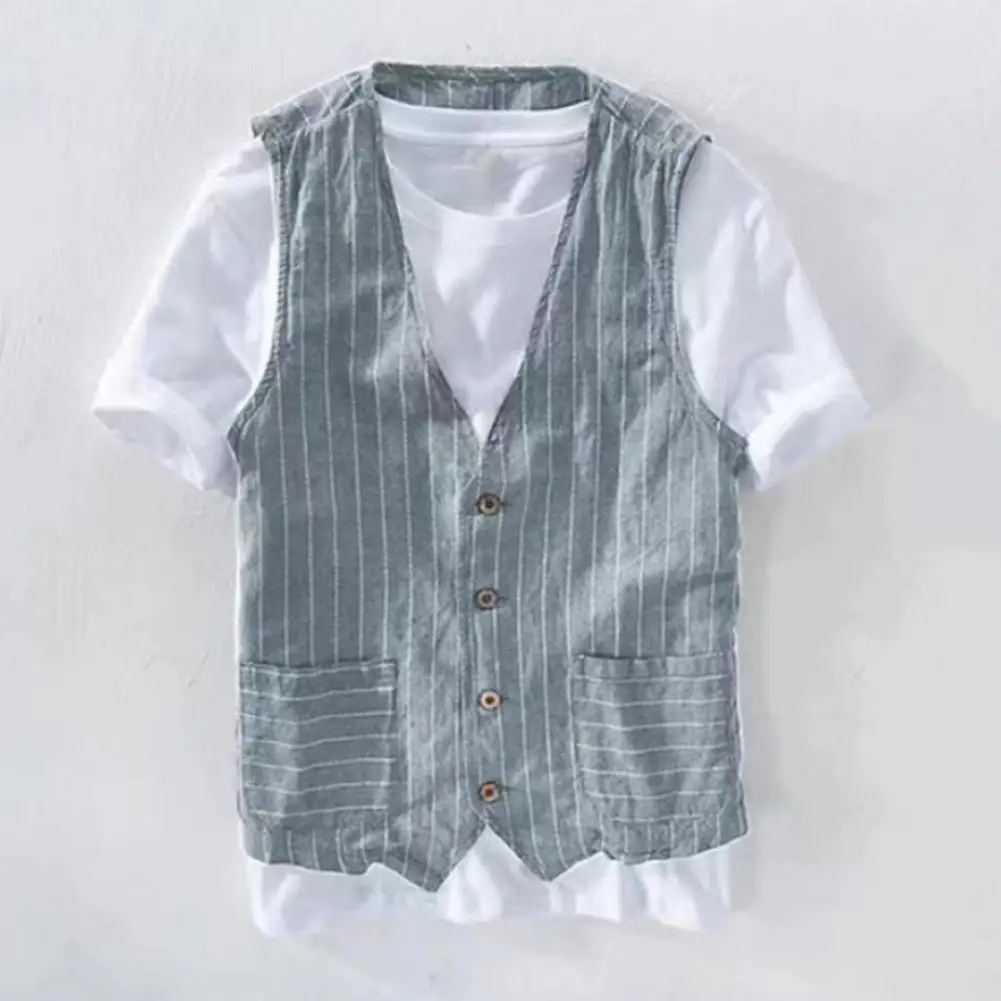 

Single-breasted V-neck Waistcoat Stylish British Men's V-neck Striped Waistcoat Collection Sleeveless Retro Vest for Fashionable