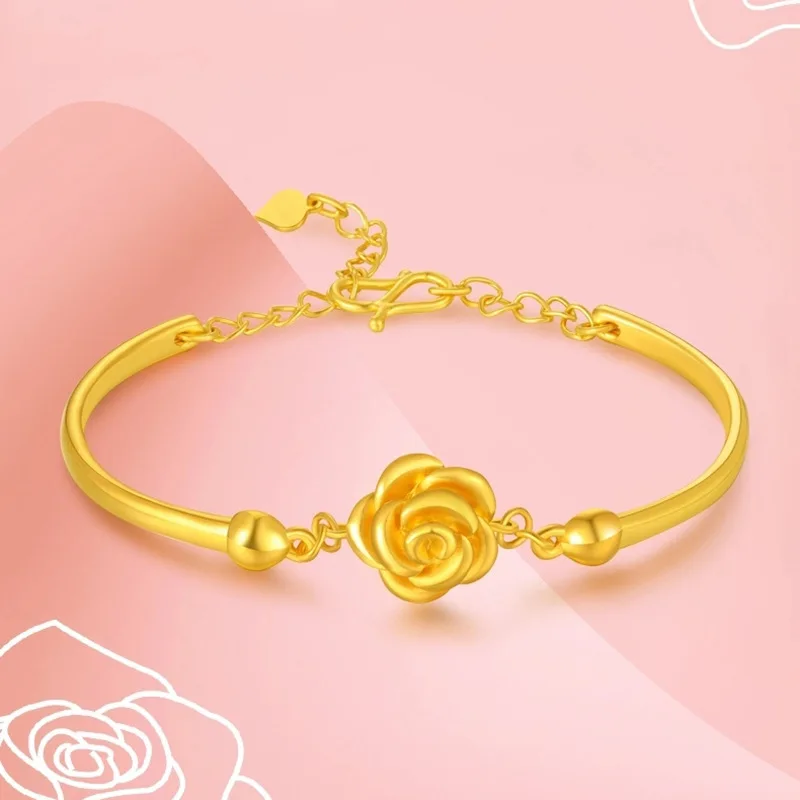 

24 Pure Gold Bead Rose Bracelet AU999 Gold Bana Flower Fashion Womens Bracelet Jewelry Wholesale