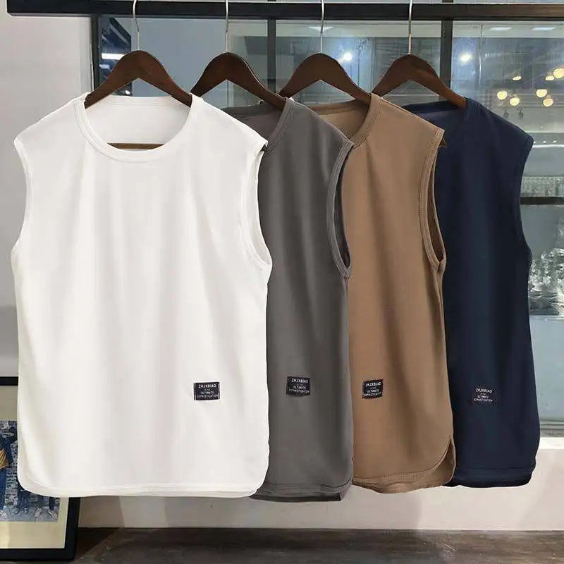 American Retro Ice Silk Vest Men Summer Thin Sleeveless T-Shirt Boys Washed Vintage Sports Shoulder Pad Breathable Quick Dry