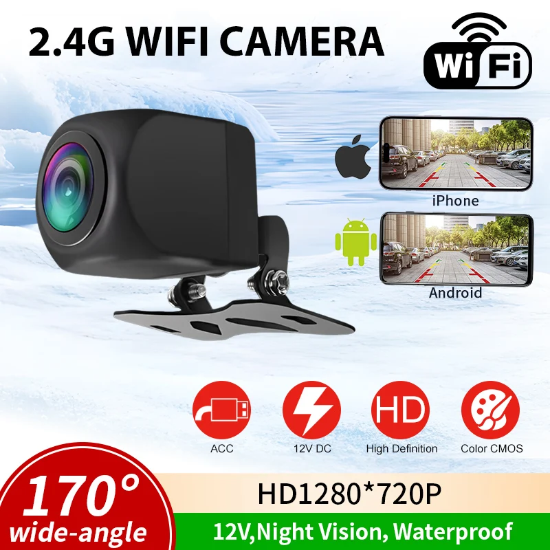 Wireless 2.4G WiFi Rearview Camera 12V HD 720P 170° Wide Angle Night Vision Backup Camera Compatible with iPhone Android for Car