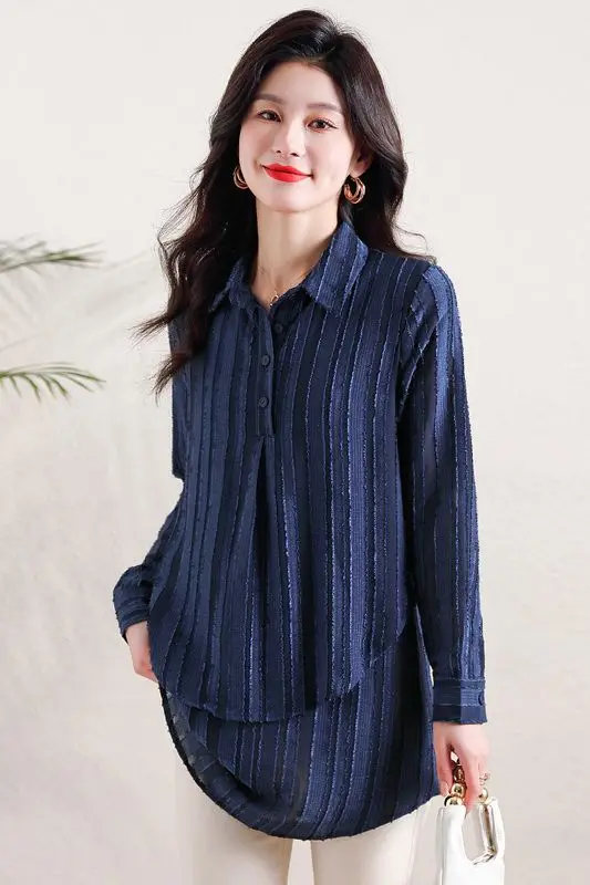 Mid-Length Jacquard Long Sleeve Shirt Women Spring Autumn New Fashion Loose Stylish Top