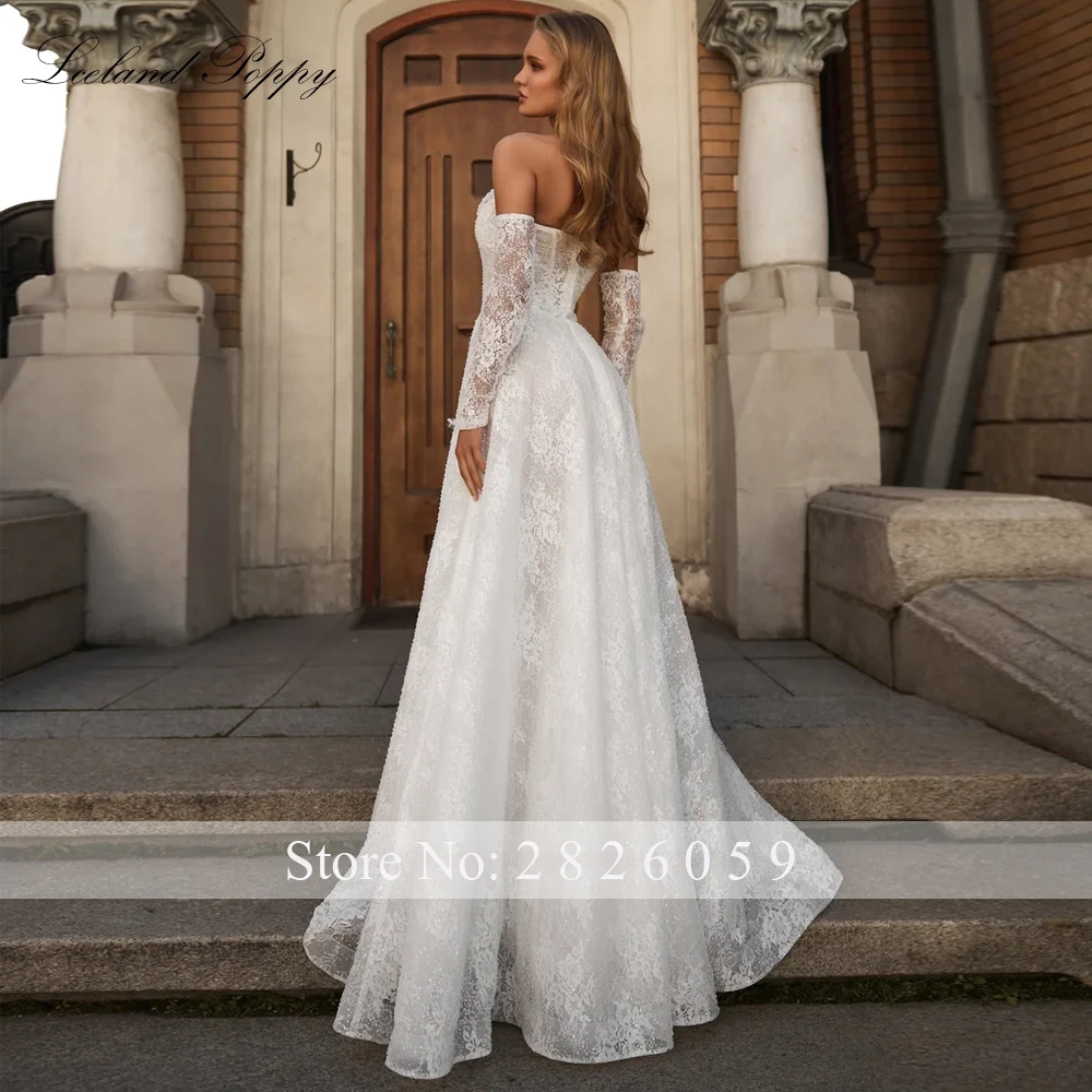 Lceland Poppy Customized A Line Strapless Wedding Dresses See Through Beaded Lace Bridal Gowns with Court Train