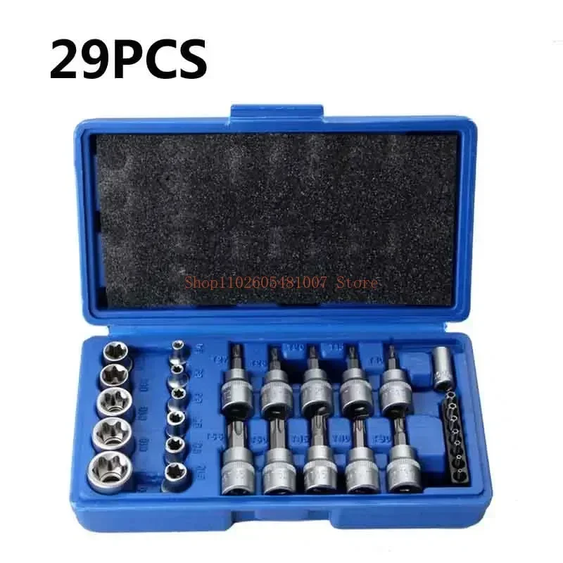 29pcs Torx Star Socket Set 1/4 3/8 Inch Drive E Type Sockets Hand Repair Tools Sleeve Set Sleeve Head